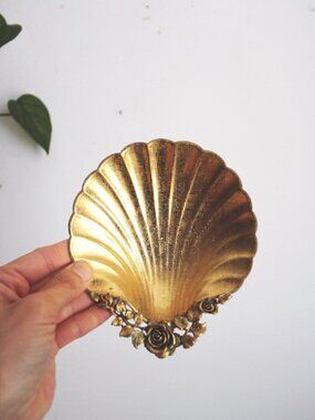 Vintage Gold Clam Shell Vanity Dish Rose Leaf Mid Century Trinket Tray Ashtray C